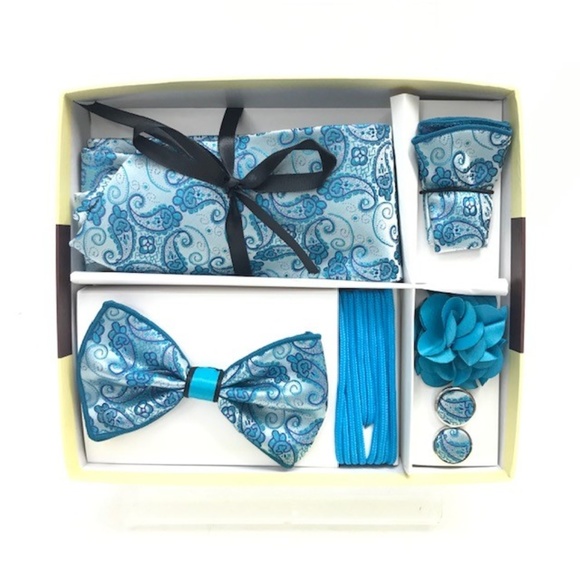 Men's 6 Piece Tie Bow Tie Gift Set Teal Blue - Picture 2 of 2